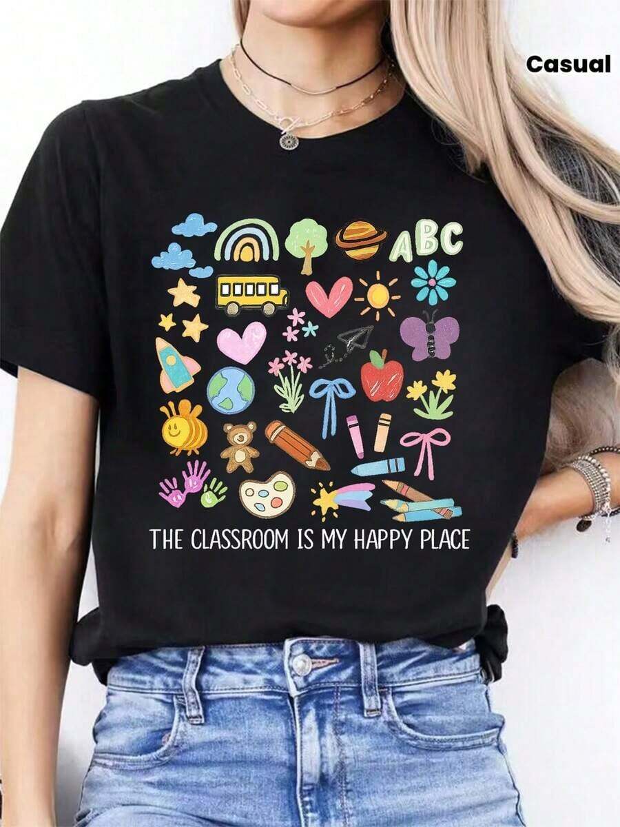 Spring/Summer Casual T-Shirts With Spanish Letter Print, Short Sleeve Crew Neck Sports T-Shirts, Women's Tops--Versatile Basic Cotton Crew Neck T-Shirt - 黑色 - 查看 1