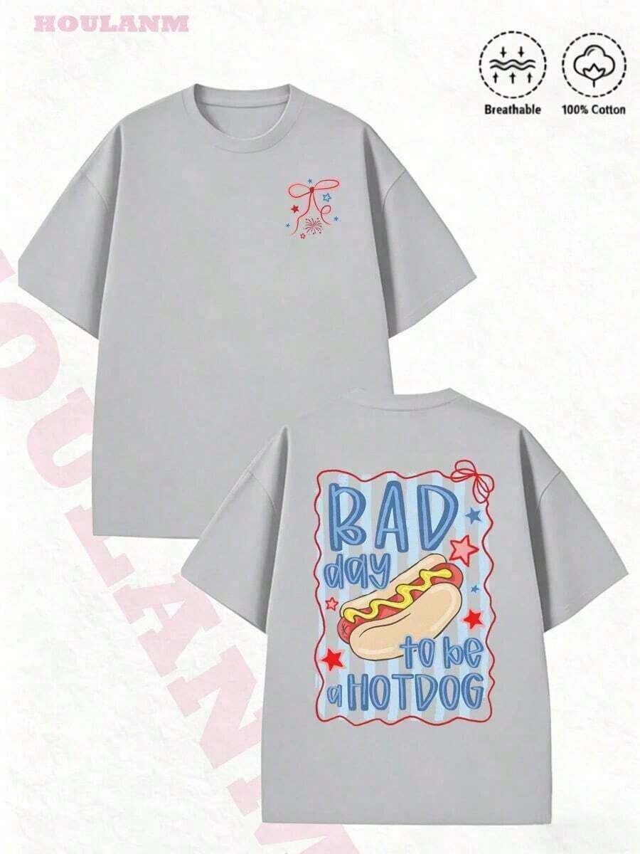 2026 New Fashion,1PC,Women's " Day To Be A Hotdog" Retro Cartoon Graphic T-Shirt | 100% Cotton Breathable Spring Tops, Oversized Short Sleeve Tee, - 灰色 - 查看 1