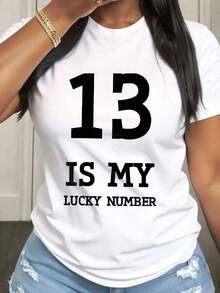 13 es mi número de la suerte, camiseta de talla grande para mujer, informal, de manga corta y cuello redondo, con tela de elasticidad media, adecuada para primavera, verano y otoño, ropa informal, lavable a máquina, diseño divertido. - Blanco - Ver 1