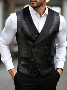 Manfinity Mode Men Double Breasted Waistcoat Without Shirt,Men's Casual/Business Single Breasted Suit Vest, Suitable For Daily Commuting Men's Daily Casual Summer Vacation Wear,Perfect For Going Out And Daily Wear - 黑色 - 查看 13