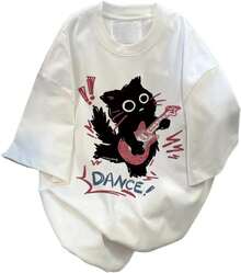 Camiseta oversize estilo Harajuku, camiseta gótica punk con estampado de gato, ropa de calle de verano, camiseta casual de corte holgado, camiseta del milenio. - Gris - Ver 5