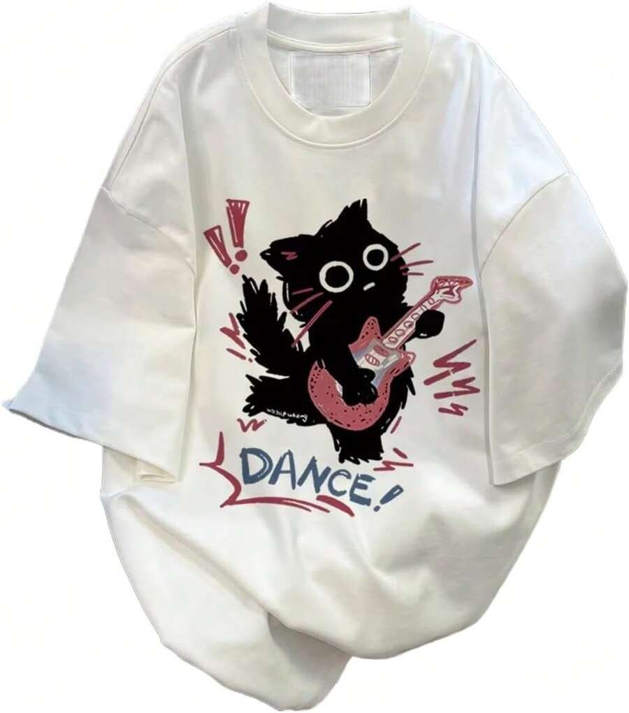 Oversized Harajuku Style T-Shirt, Gothic Punk Cat Print T-Shirt, Summer Streetwear, Loose Fit Casual T-Shirt, Millennium T-Shirt. - 白色 - 查看 1