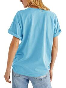 Women's T-Shirt With Rose Print, Loose Fit, Short Sleeve Summer Top, Casual Round Neck Boyfriend Style Top - Sky Blue - 查看 2