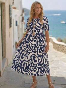 Vestido casual de fiesta con estampado de todo el Body y cuello redondo para mujer - Multicolor - Ver 3