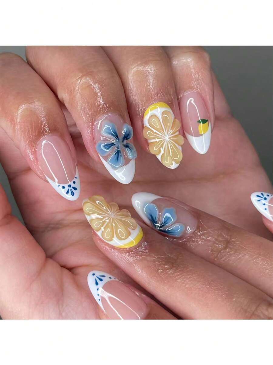 Bộ 30 móng giả 3D hình hạnh nhân, có thể tạo họa tiết hoa và chanh cho kiểu móng Pháp, vừa vặn hoàn hảo, bao gồm 1 băng dính hai mặt và 1 dũa móng, nghệ thuật vẽ móng hoa. - Nhiều màu - Xem 1
