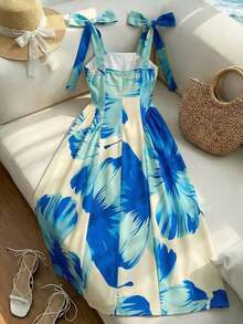 Vestido casual de mujer sin mangas con estampado floral, diseño de cintura ceñida y línea A, estilo romántico adecuado para vacaciones, paseos por el jardín, té de la tarde y otras ocasiones casuales - lago azul - Ver 2