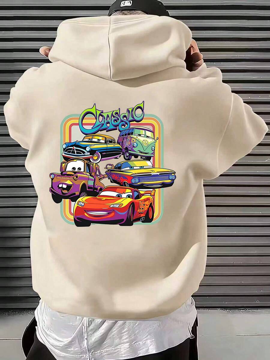 Disney Cars Retro Rainbow Crew Graphic Hoodie, Featuring Classic Lightning McQueen & Friends Print, Ideal For Everyday Casual Streetwear And Nostalgic 90s Vibe Disney Fan Outfits - Màu be - Xem 1