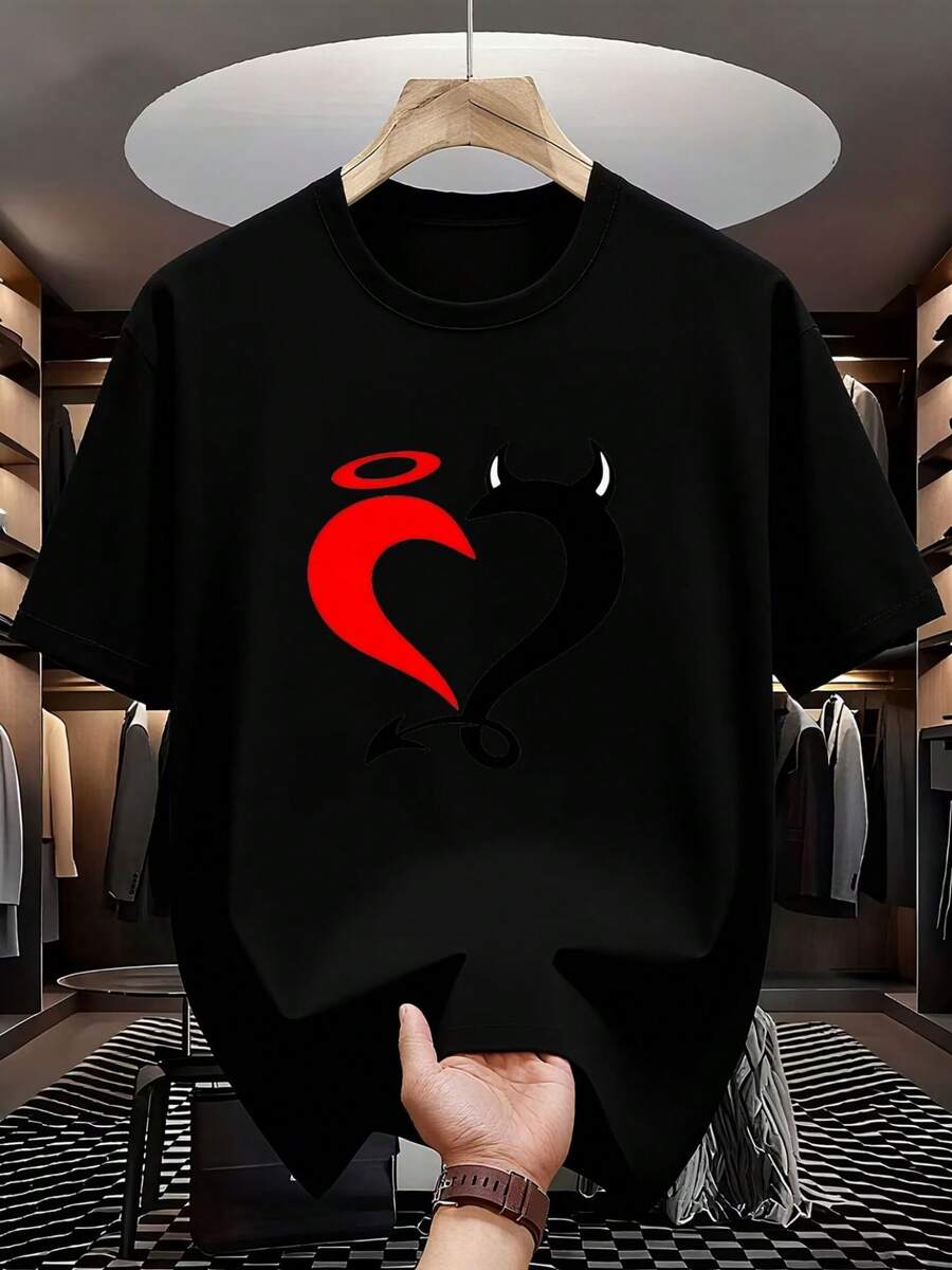 Camiseta de manga corta para hombre con estampado de corazón de ángel y demonio, personalizada y a la moda|Top deportivo casual de manga corta con estampado moderno - Negro - Ver 1