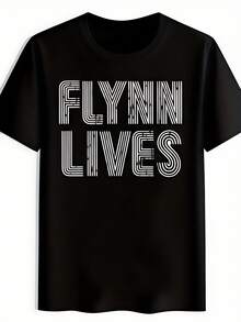 Camiseta de manga corta casual para hombres FLYNN LIVES - Letras blancas llamativas sobre negro, cuello redondo, top de verano, lavable a máquina, ajuste regular para uso casual, camiseta elegante, tela no transparente, estilo streetwear, moda urbana, costuras duraderas, para adultos jóvenes. - Negro - Ver 2