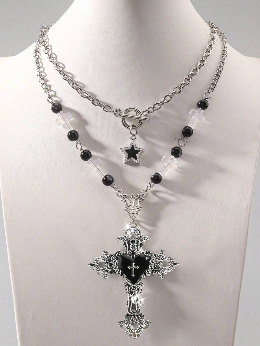 2pcs Vintage Gothic Style Rhinestone Star & Faux Pearl Personalized Rose Cross Heart Pendant Necklace, Y2K Goth Choker Necklace For Women - Silver - View 1
