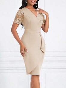 Lady Wedding Guest Dress Women's Elegant Glitter Floral Contrast Mesh Short Sleeve Dress For Summer - 杏色 - 查看 4