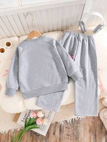 Young Girl' Bow Decor Warm Crew Neck Sweatshirt And Pants Set - Grey - View 2