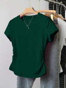 Camiseta de manga corta de ajuste ceñido de unicolor amarilla para mujer de talla grande - Verde Oscuro - Ver 8