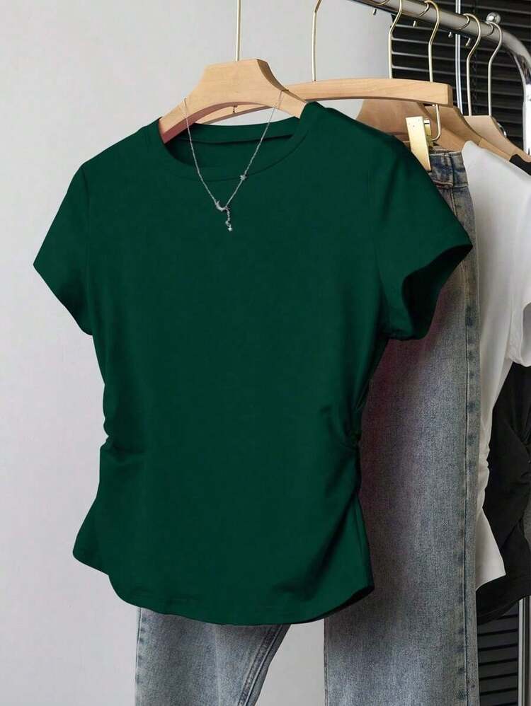 Camiseta de manga corta de ajuste ceñido de unicolor amarilla para mujer de talla grande - Verde Oscuro - Añade 8