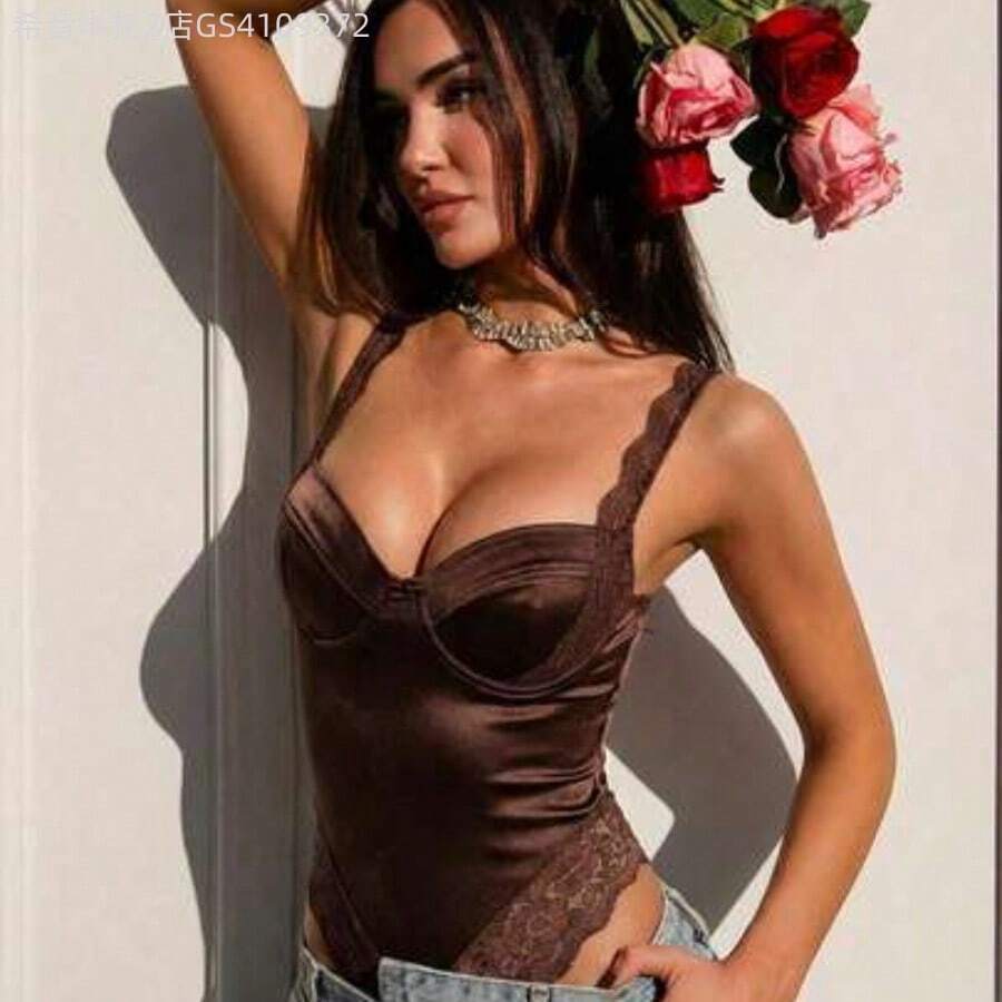 Soqi Women's Clothing Body sexy y elegante de encaje transparente y satén con copa con aros especial y volantes en el bajo con tirantes de espagueti para mujeres - Café integral - Ver 1