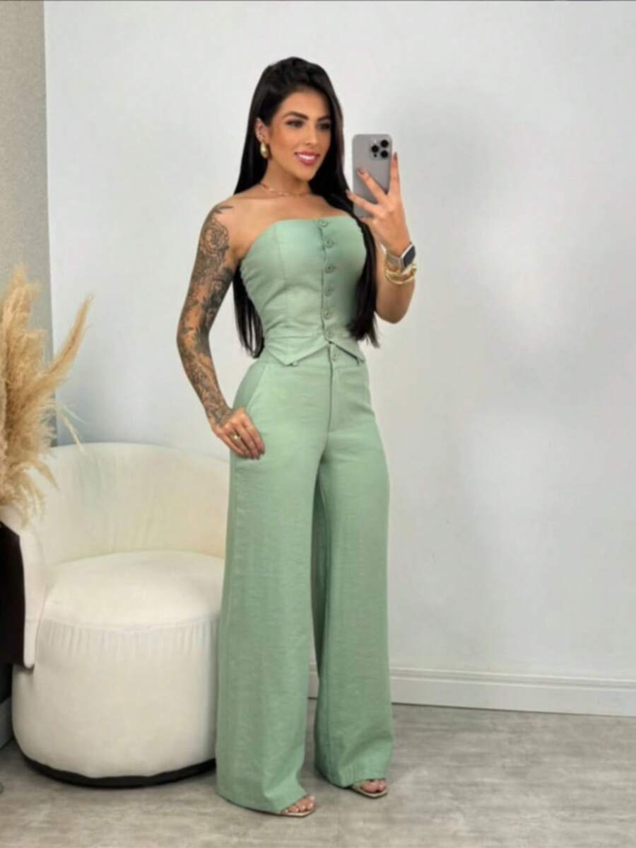 Tailored Cropped Top With Buttons And Wide-Leg Trousers. - 薄荷綠 - 查看 1