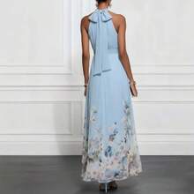Vestido largo elegante de cuello redondo, sin mangas, con cordón y estampado posicionado - Azul - Ver 2