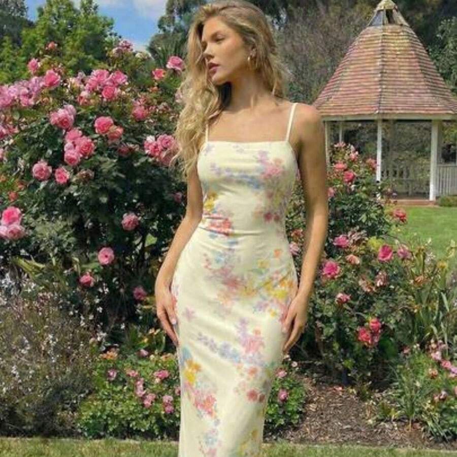 guangzhougaolangshangmao MOD Vestido midi de slip elegante con cintura ceñida y estampado floral para fiesta - Amarillo claro - Ver 1
