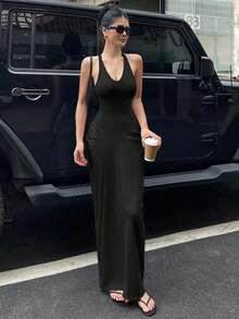 Vestido largo maxi envolvente de mujer con escote en V y ajuste ceñido al Body - Negro - Ver 1