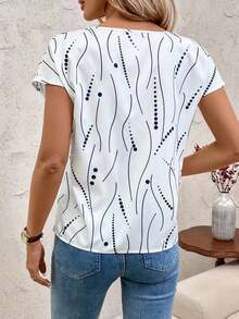 Blusa de mujer con detalles de rayas de contraste y calados, top de manga corta - Azul y blanco - Ver 2