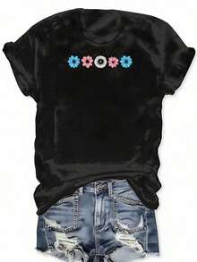 Camiseta con estampado de la bandera floral de la orgullo transgénero LGBTQ, manga corta, cuello redondo, top casual para verano y primavera, ropa de talla grande para mujer. - Negro - Ver 3