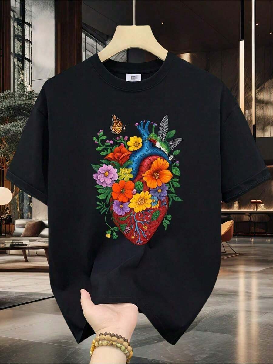 Cool Vibe Men's 100% Cotton T-Shirt - Short Sleeve, Crew Neck, Digital Print, Comfortable For All Seasons, Machine Washable, Ideal For Everyday Wear, Crew Neck, Circular Design, Casual Summer T-Shirt Muscle Freaks Heart Flowers Birds Butterflies Style Men's T-Shirt - 黑色 - 查看 1