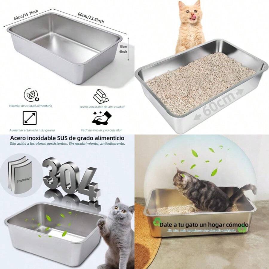 Arenero para Gato Inoxidable 60 * 40 * 15cm Arenero Acero Inoxidable Lado AltoCaja de Arena para Gatos Grande para Gato Perro Conejo con Antiadherentes Sin Olor Fáciles de Limpiar - Plateado - Ver 1
