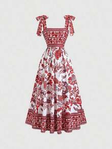 Vestido vintage de mujer con cintura anudada y estampado floral diminuto, de peso ligero y lujoso, sin mangas, rojo, ajustado, sexy, adecuado para vacaciones de verano y fiestas - Rojo - Ver 11