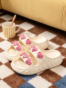 Girls' EVA Thick Sole Beige Sandals, Comfortable Lightweight Heart Rhinestone Home Slippers For Summer - Beige - View 6