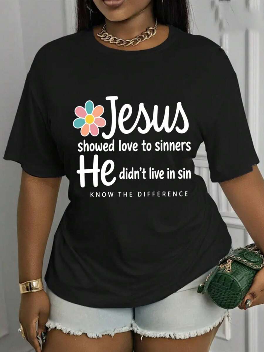 Limited Edition Short-Sleeved Crew Neck T-Shirt Printed With A Jesus Motif. It Is Inscribed With The Words: Born Without Sin, Knowing The Difference Between Sin And Innocence. This Stylish Top Features A Casual Crew Neck Design, Soft And Stretchy Fabric, And Is Machine Washable. Suitable For All Seasons, Made Of Lightweight Cotton - 黑色 - 查看 1