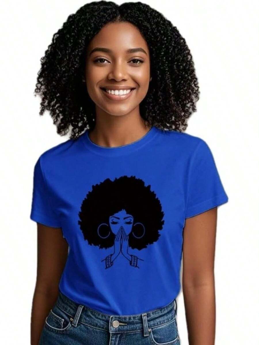 African American History T-Shirt For Men And Women, Black Print T-Shirt, Magic Fashion Retro Black T-Shirt With Natural African American Hairstyle - 藍寶石藍1 - 查看 1