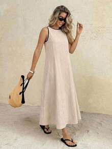 Frenchy Vestido largo casual de cuello redondo con ribete de contraste para fiestas y reuniones, vestidos de verano para mujer, vestidos de lino para mujer, vestidos casuales de verano para mujer, vestido largo sin mangas de verano elegante para vacaciones y playa, vestido largo sin mangas elegante para mujer casual de verano para vacaciones y playa, vestido largo sin mangas casual de verano para mujer elegante para playa y vacaciones, conjuntos de vacaciones para mujer, conjuntos de vacaciones de verano, traje casual, adecuado para uso diario. - Albaricoque - Ver 4