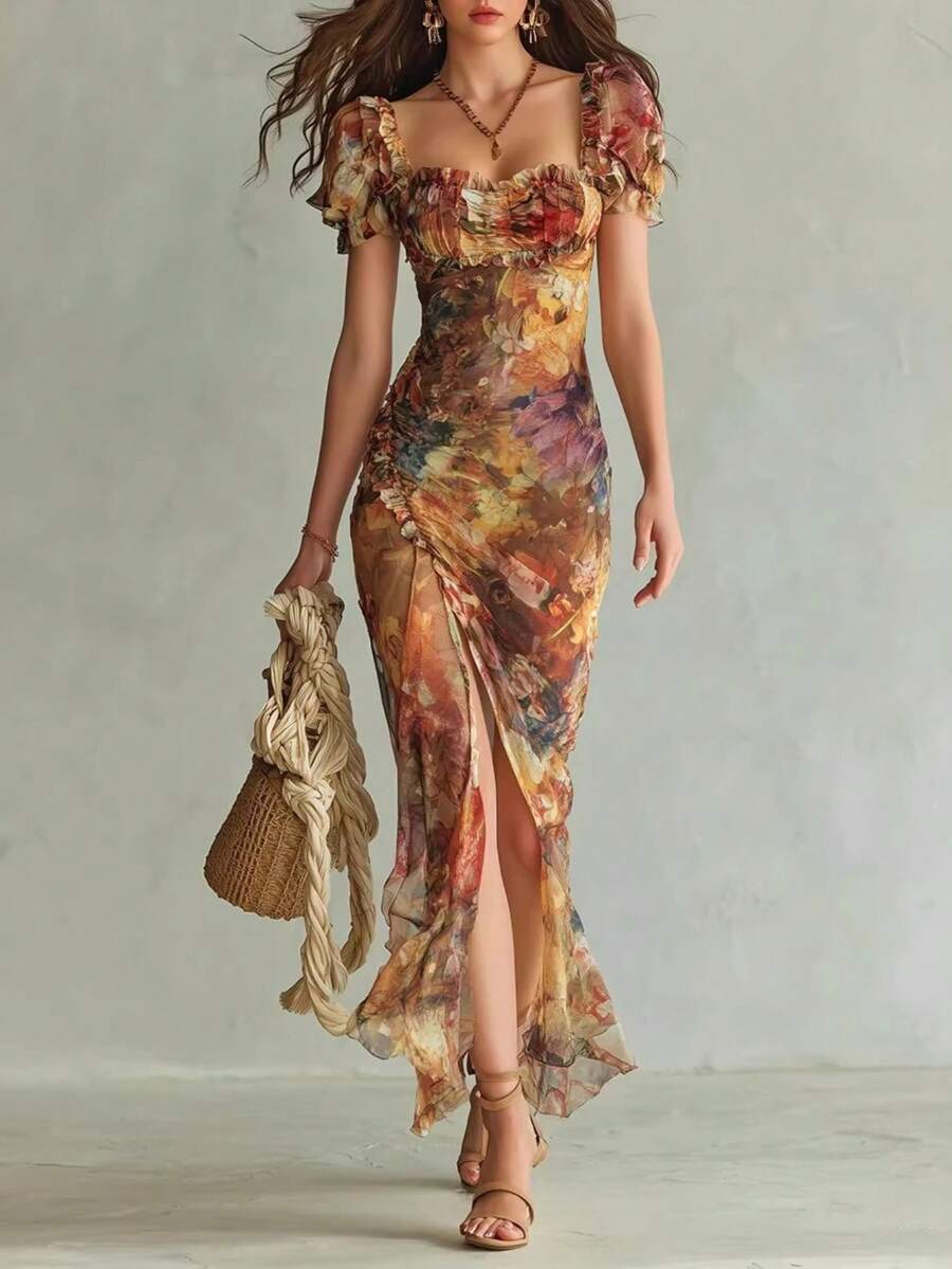 Vestido elegante cuello V con volantes y cintura definida para mujer - Multicolor - Ver 1
