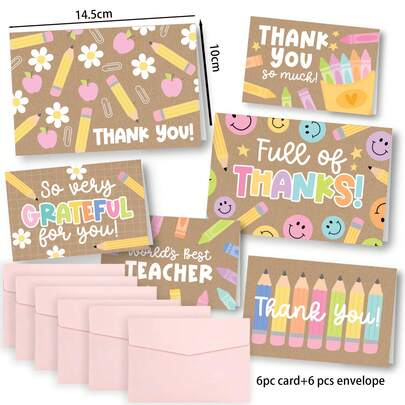 6pcs Teacher Appreciation Thank You Cards With Envelopes, Cute Pastel Pencil & Smiling Face School Stationery Greeting Cards Bulk For Teachers Day, Back To School Gift