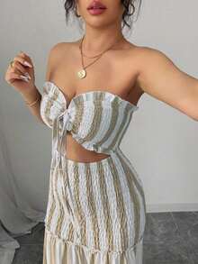 Vestido de tirantes finos con lazo en la cintura, estilo elegante y sexy con rayas, versátil para fechas, salidas, vacaciones, días festivos, vuelta al cole, atuendo de maestro, bodas, fiestas, festivales de música, Oktoberfest, Halloween, Acción de Gracias. Nuevos modelos de verano 2025. - Caqui - Ver 5