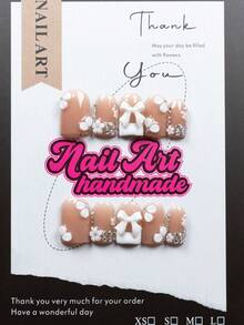 10 Pieces, Handmade, Each Piece Has A Unique Handmade Temperature, Subtle Differences Create A Unique Handmade Short European Square Pure Handmade Fake Nail Set, With White French Design Petals, Including 1 Nail File And 1 Piece Of Jelly Glue Nails Handmade Press On Nails - 彩色 - 查看 13
