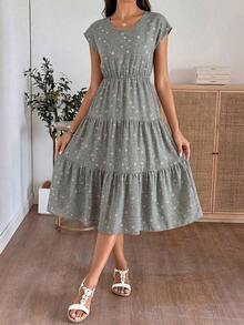 Vestido casual de mujer con estampado floral y volante en el bajo, para verano - Verde - Ver 8