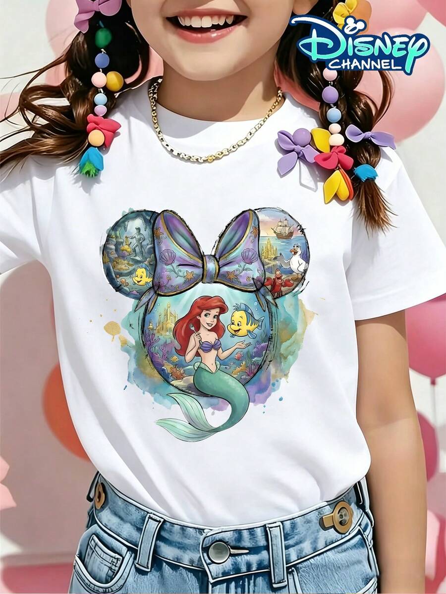 Officially Licensed Disney Ariel Print Crew Neck T-Shirt For Boys And Girls. Features A Double-Printed Cartoon Mermaid Pattern On The Front And Back. Casual Style, Perfect For Toddlers And Older Children. Versatile Crew Neck Short-Sleeved Pullover, Ideal For Everyday Outdoor Wear. Elastic And Breathable, Made Of Soft And Comfortable Fabric. Machine Washable. A Great Gift For Children. - trắng - Xem 1
