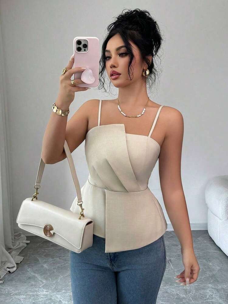 Camiseta de mujer elegante de unicolor con pliegues, cintura fruncida y asimétrica, ajustada, estilosa para uso casual, de fiesta y reuniones - Albaricoque - Añade 7