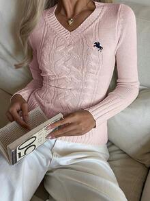 Suéter casual de manga larga con cuello en V y ajuste ceñido con estampado de caballero, para mujer, apto para la escuela en otoño/invierno - Rosa 2 - Ver 6