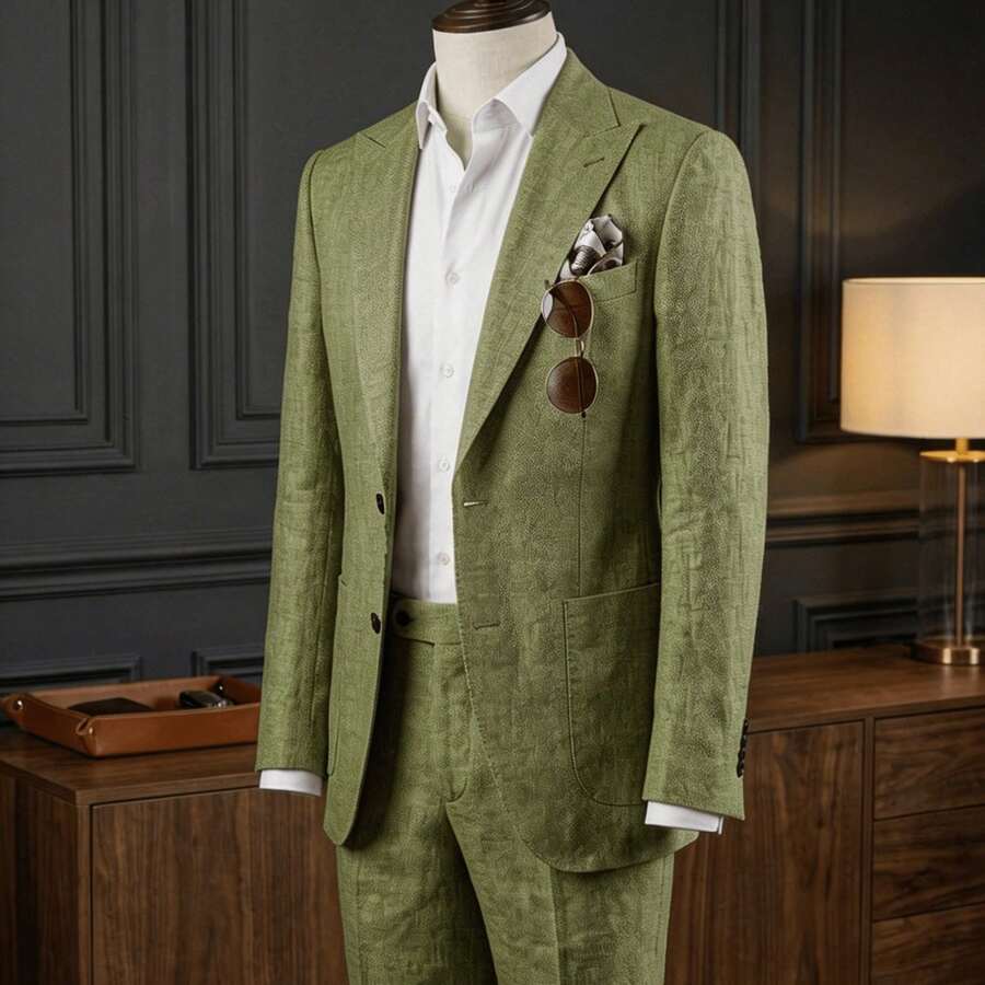 Linen Men'S Suit Set Casual Tuxedo 2pcs Regular Fit Blazer One-Button Solid Jacket And Pants For Prom Wedding Party - 橄欖綠 - 查看 1