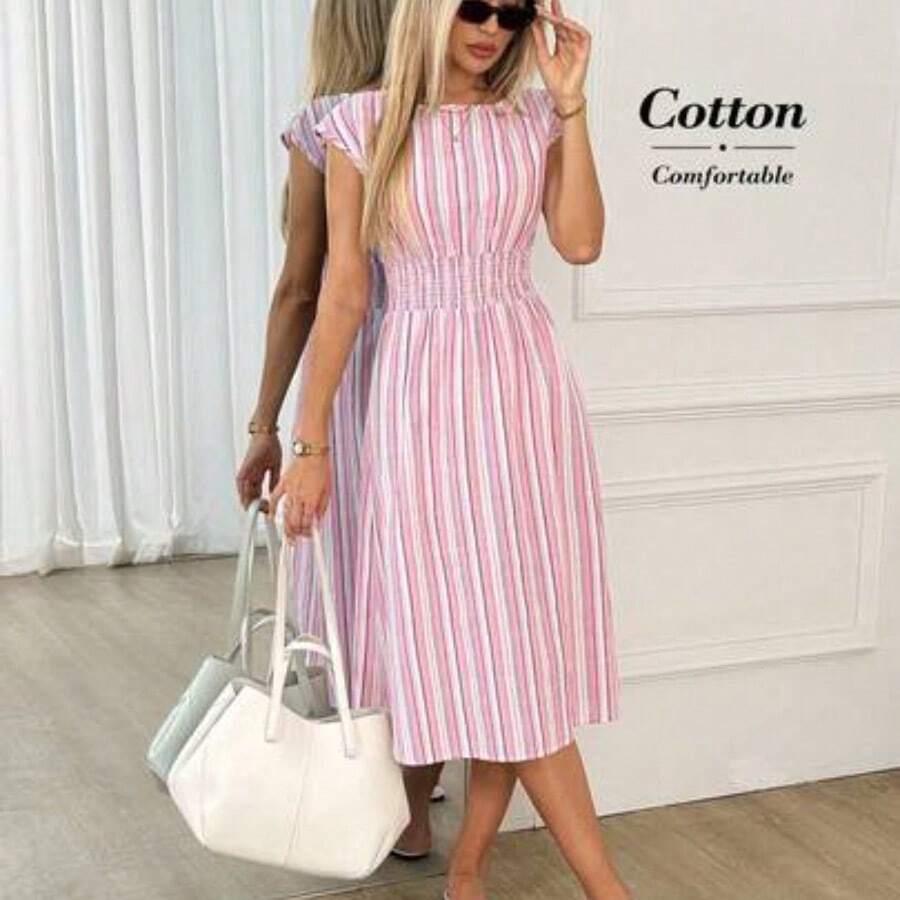 guangzhougaolangshangmao Vestido casual de mujer de longitud media con cintura ceñida y rayas, para verano - Rosa Pálido - Ver 1