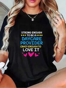 1 pieza de playera  para hombre y mujer, 100% algodón puro, cuello redondo casual con estampado, manga corta transpirable para uso diario. playera  divertida para trabajadoras en guardería - Negro - Ver 1