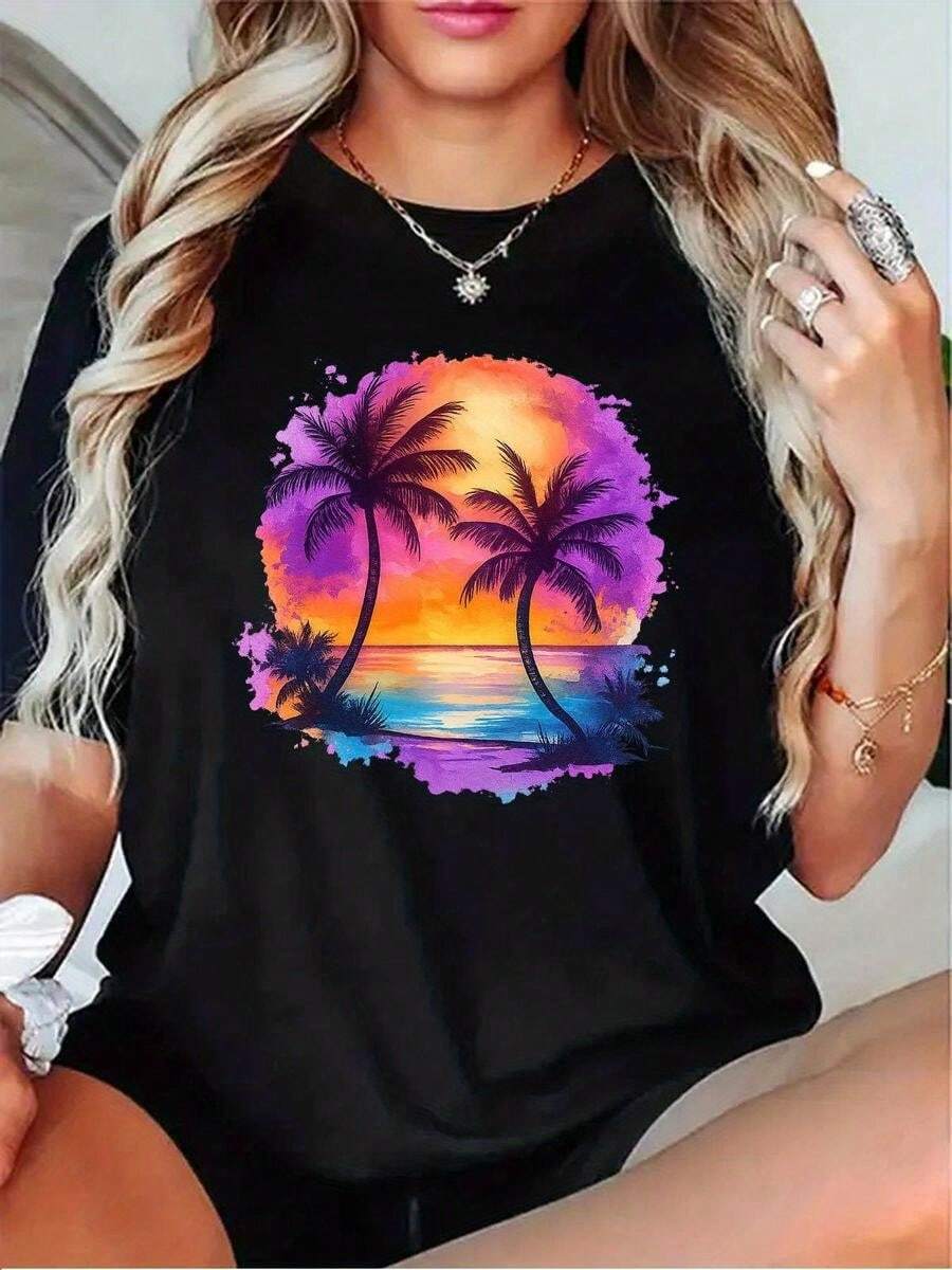 1 pieza de playera para hombre y mujer, 100% algodón puro, cuello redondo casual con estampado, manga corta transpirable para uso diario, dise?o de palmera tropical con solsticio de invierno en color marrón - Negro - Ver 1