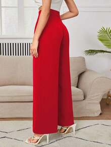 Pantalones de pierna ancha de cintura alta con pliegues - Rojo - Ver 2