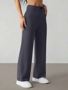 Pantalones rectos casuales de mujer de unicolor con cinturón - Gris Oscuro - Ver 6