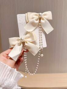 2pcs Soft Pearl Chain Bow Hair Clips French Style Girl Hair Accessories Suitable For Dates And Weddings,Hair Claws - Multicolor - View 4