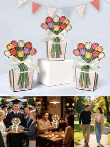 10個3D花卉山頂盒附緞帶,鬱金香花束派對零食盒 - 迷你禮品袋,適用於派對贈品、生日、婚禮、母親節、餅乾、糖果和萬聖節 - A - 查看 4