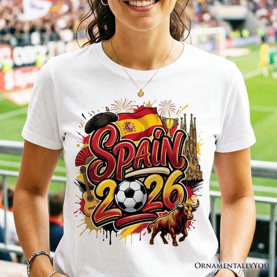 [2026 World Cup] Spain 2026 World Cup T-Shirt, White Football Fan T-Shirt T1EE Size S. Unisex 220g Sports T-Shirt, Y2K Style, Ideal For Summer Holidays. Lightweight And Breathable, 100% Pure Cotton, With A Print. Regular Fit, Crew Neck, Casual And Versatile Style. Short-Sleeved Crew Neck T-Shirt For Summer. Fabric With Moderate Stretch, Comfortable And Suitable For All Seasons. Unique Print Design, Loose And Comfortable Fit. - 白色 - 查看 1