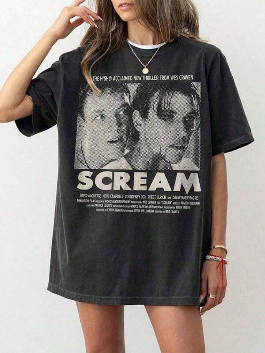 Cotton Graphic T-Shirt, Plus Sizes, Scream Billy & Stu T-Shirt, Billy Loomis T-Shirt, Stu Macher Scream T-Shirt, Scream T-Shirt, Scream Movie 1996, Y2K, Men's Oversized T-Shirt, Summer Tops - 黑色 - 查看 1
